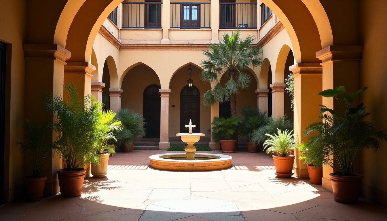 Sunlit Spanish courtyard with arches, greenery, and warm stone textures