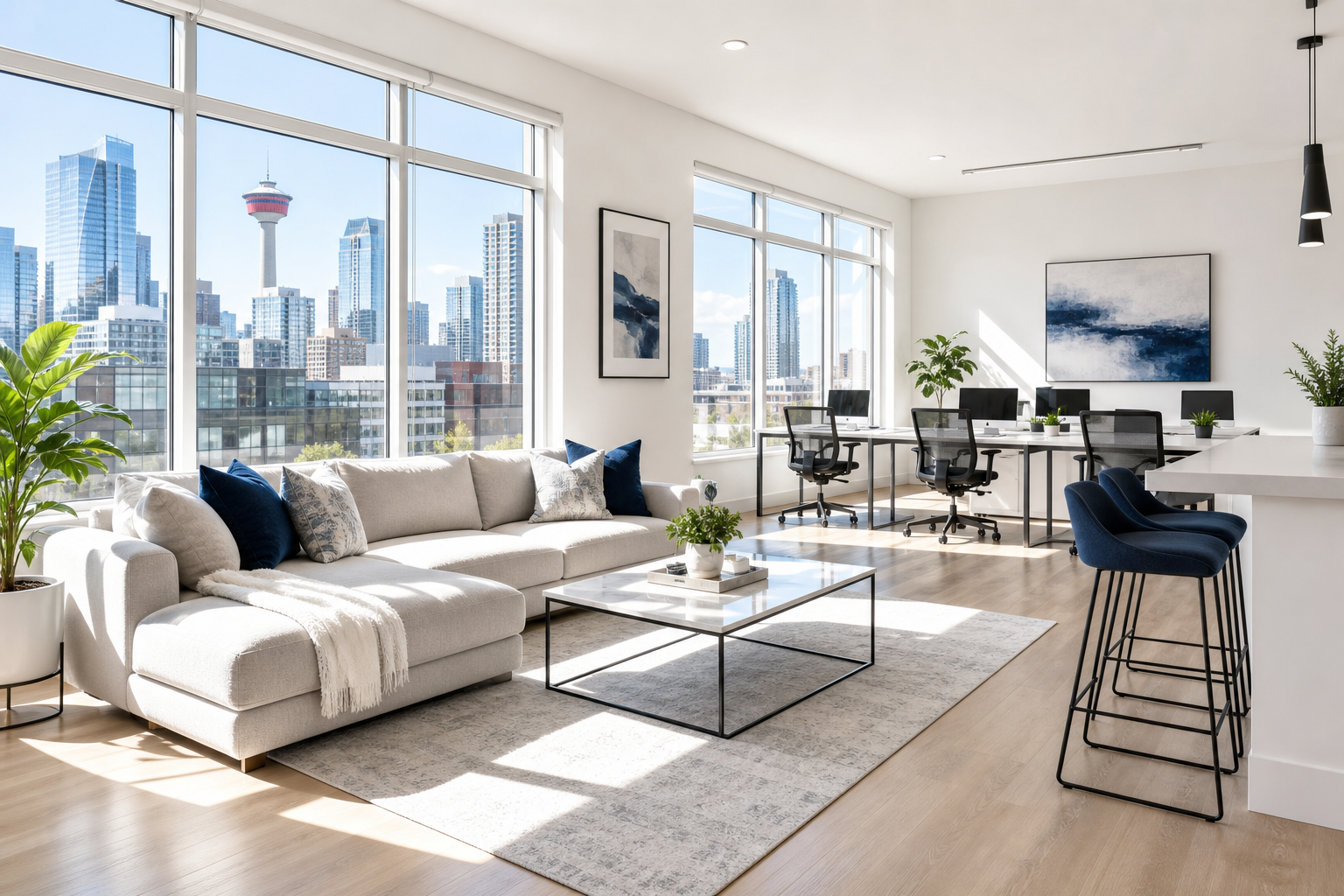 Bright spotless modern interior with sunlight, neat furniture, and polished floors representing professional residential and office cleaning quality