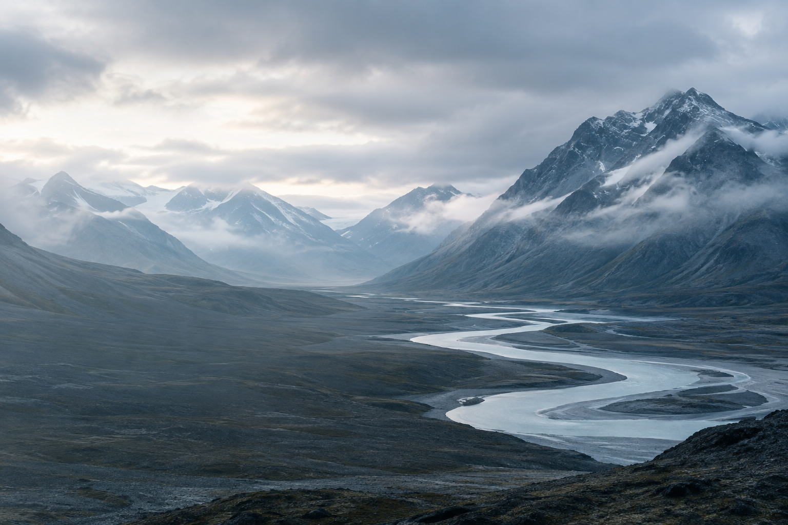 Expansive misty Nordic mountain valley with a winding glacial river beneath soft morning clouds