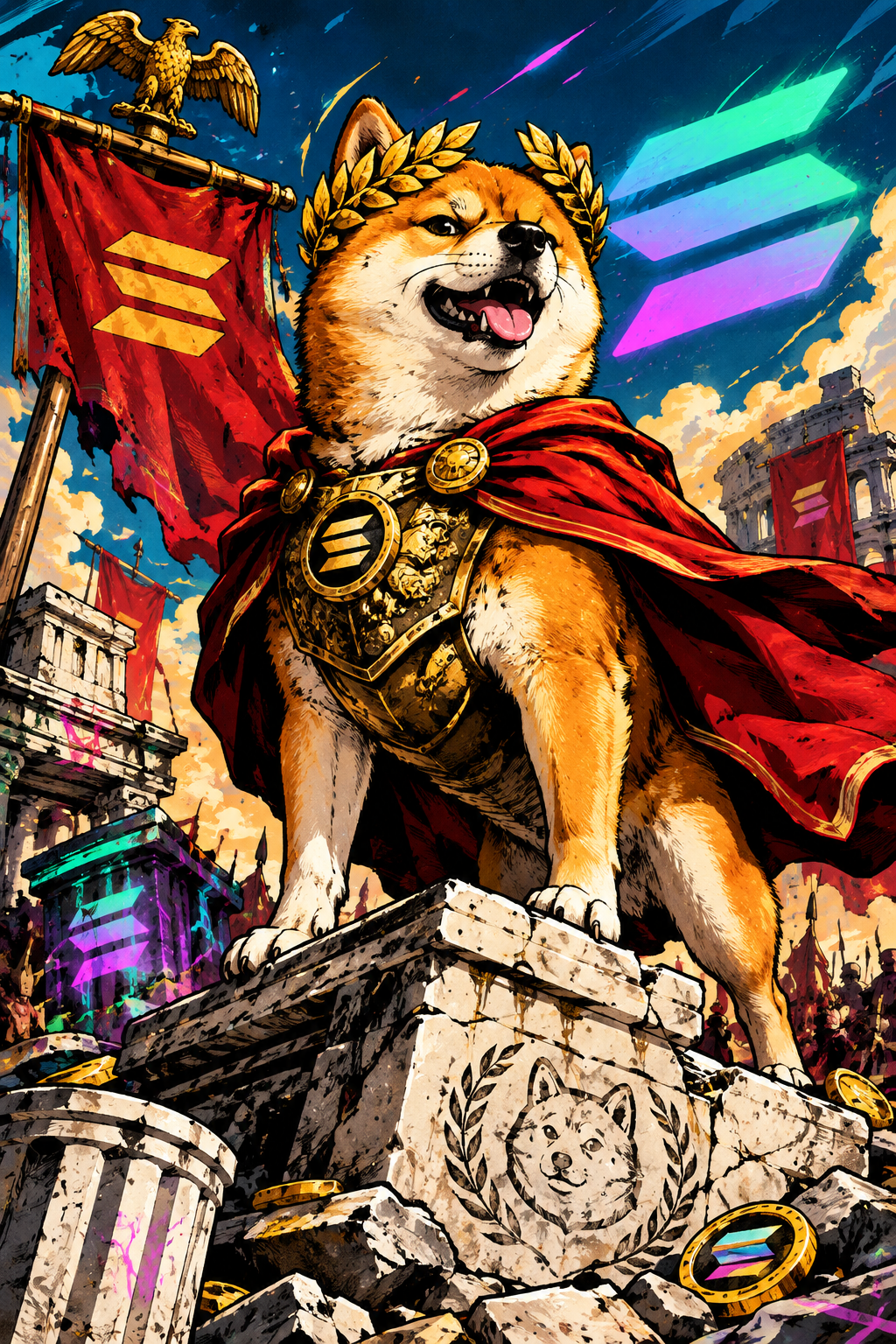 Comic-poster style portrait of Caesar Inu as a chaotic Roman meme commander on Solana