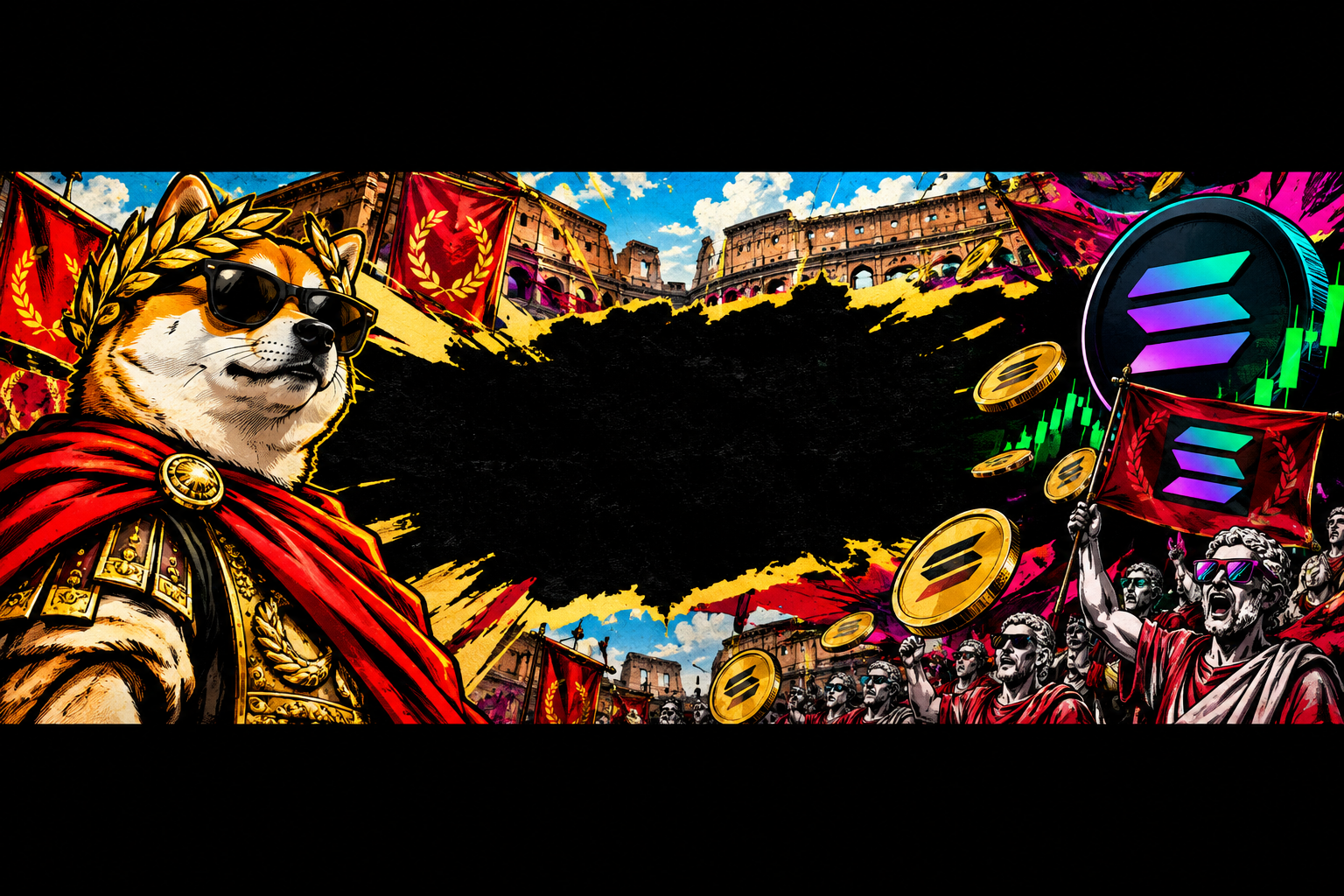 Horizontal placeholder banner for future Caesar Inu launch art with bold comic framing
