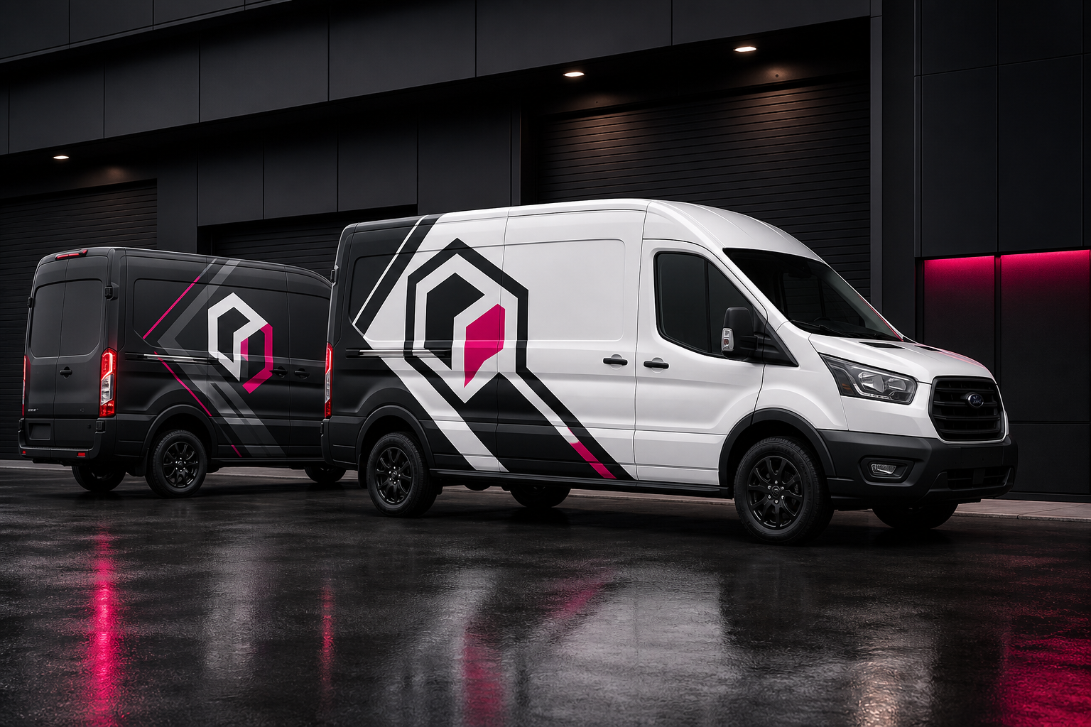 Premium fleet van lineup with cohesive branded graphics, sharp typography, and polished finish