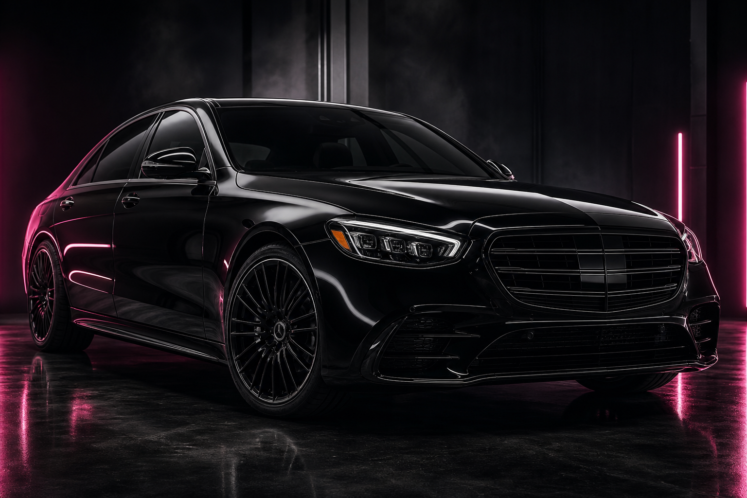 Premium black luxury vehicle with glossy reflections, close-up film edges, and cinematic studio lighting