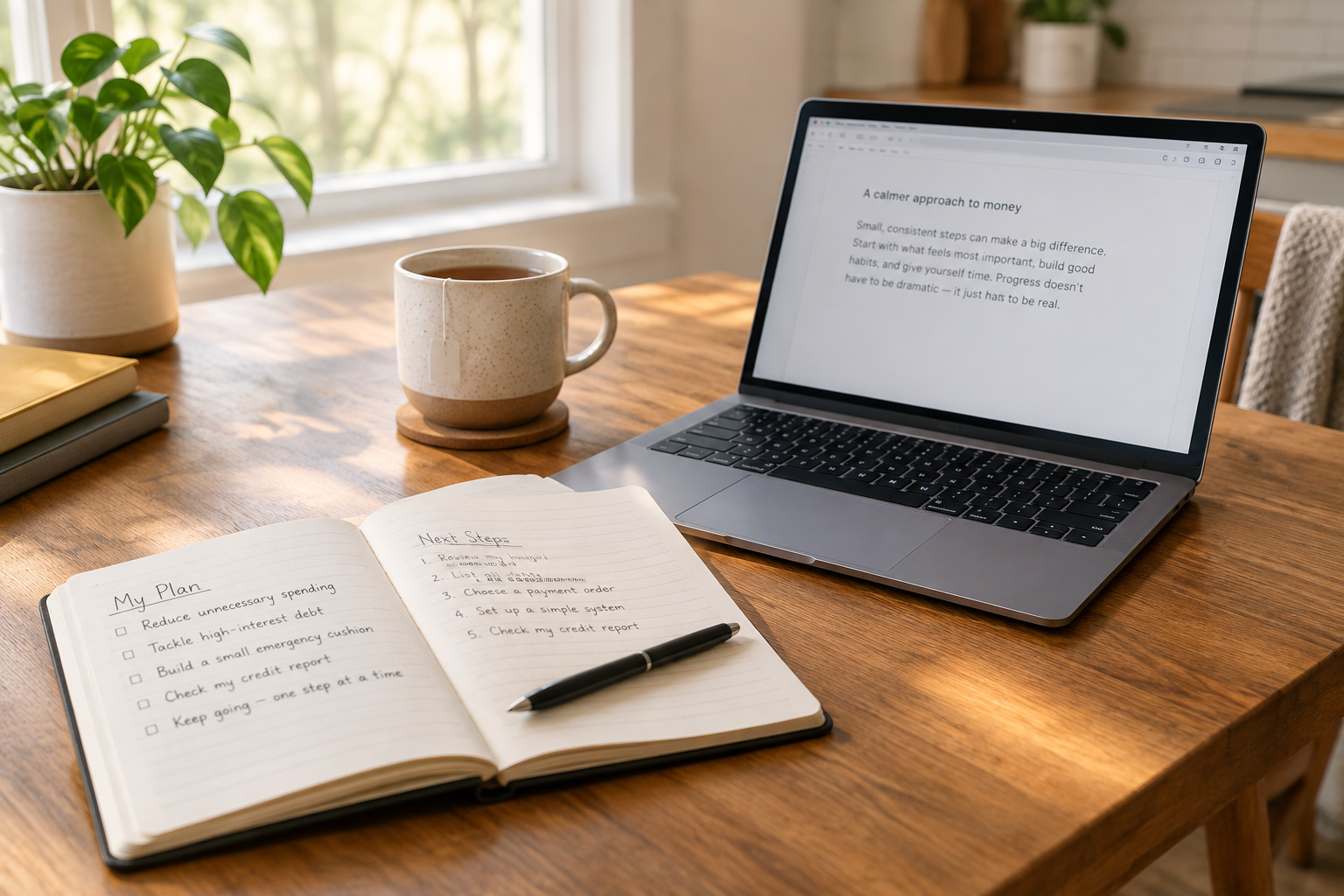 Photorealistic editorial scene of an ordinary kitchen table workspace with a notebook, pen, open laptop, and a cup of tea in soft morning light