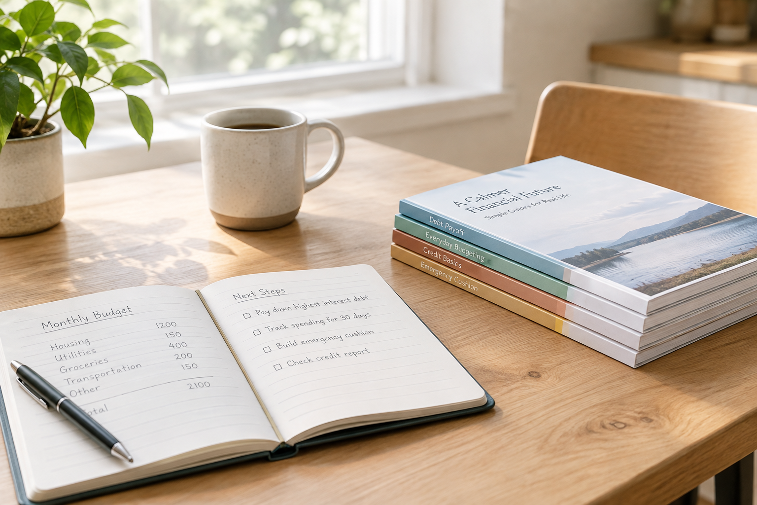 Calm kitchen-table workspace with a notebook, printed pages, and a mug in soft morning light