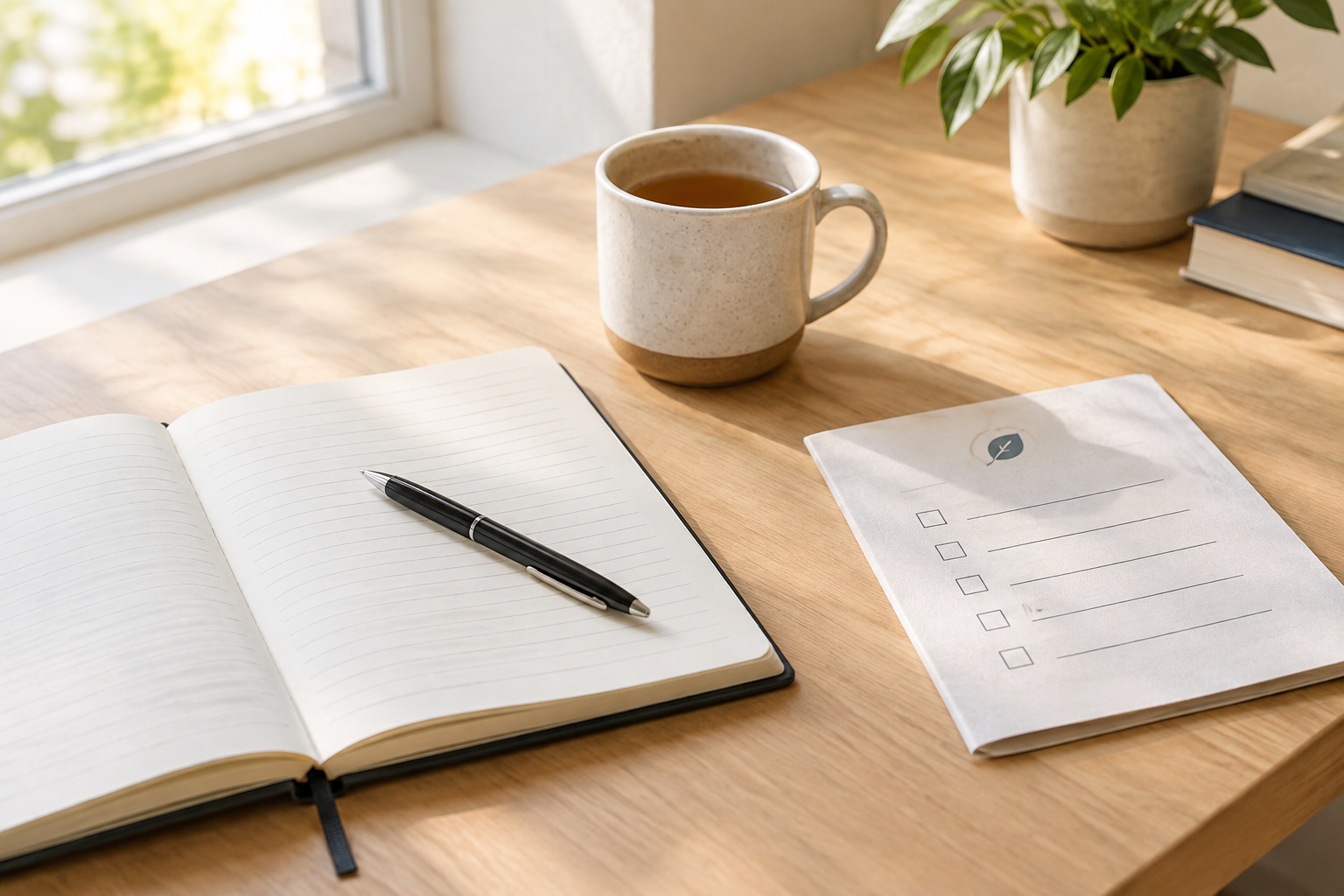 Calm home desk with an open notebook, pen, tea mug, and soft daylight for focused financial planning