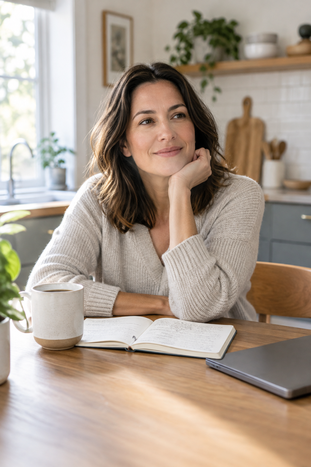 Photorealistic editorial photo of a calm adult at a kitchen table with morning coffee, reading notes beside a laptop in soft natural light