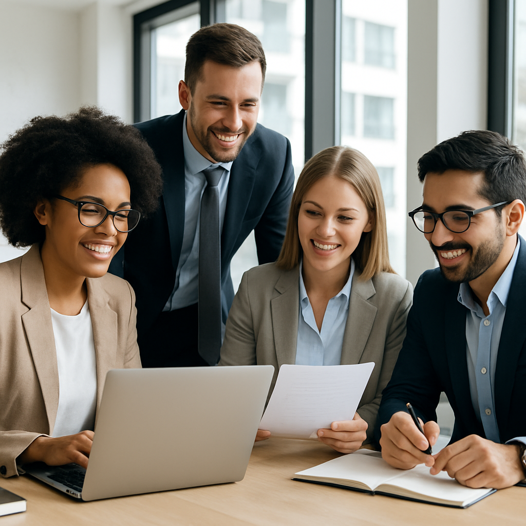 Professional business team collaborating in a modern office