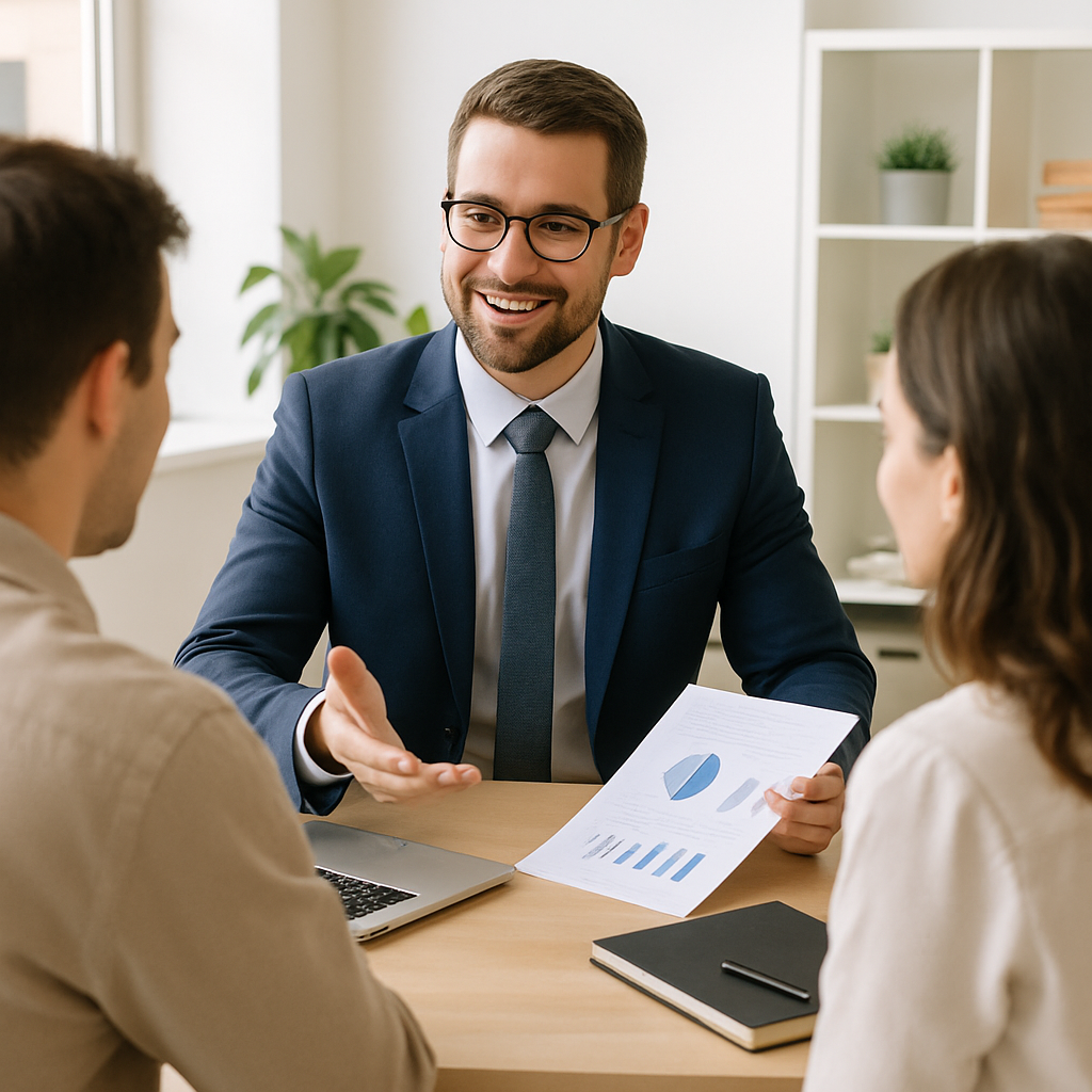 Consultant meeting with clients, discussing solutions in a bright workspace