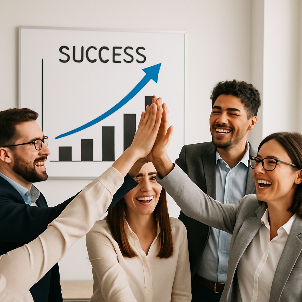 Business success graph and team high-five representing growth