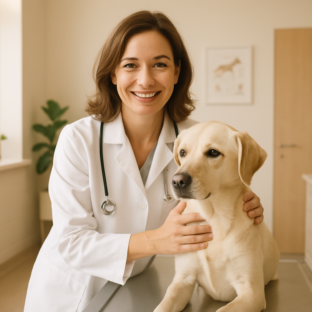 Veterinária sorridente examinando um cão de pelo claro em uma sala de atendimento iluminada