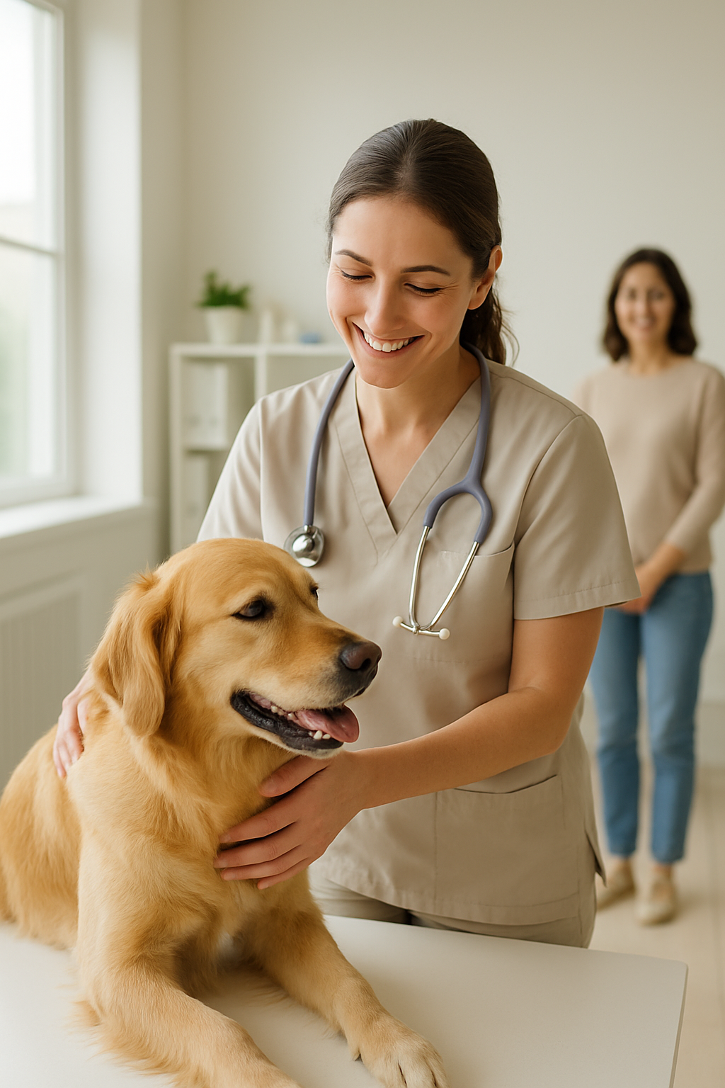 Veterinária sorridente em clínica clara, acariciando um cão porte médio de pelo dourado enquanto um tutor observa ao fundo