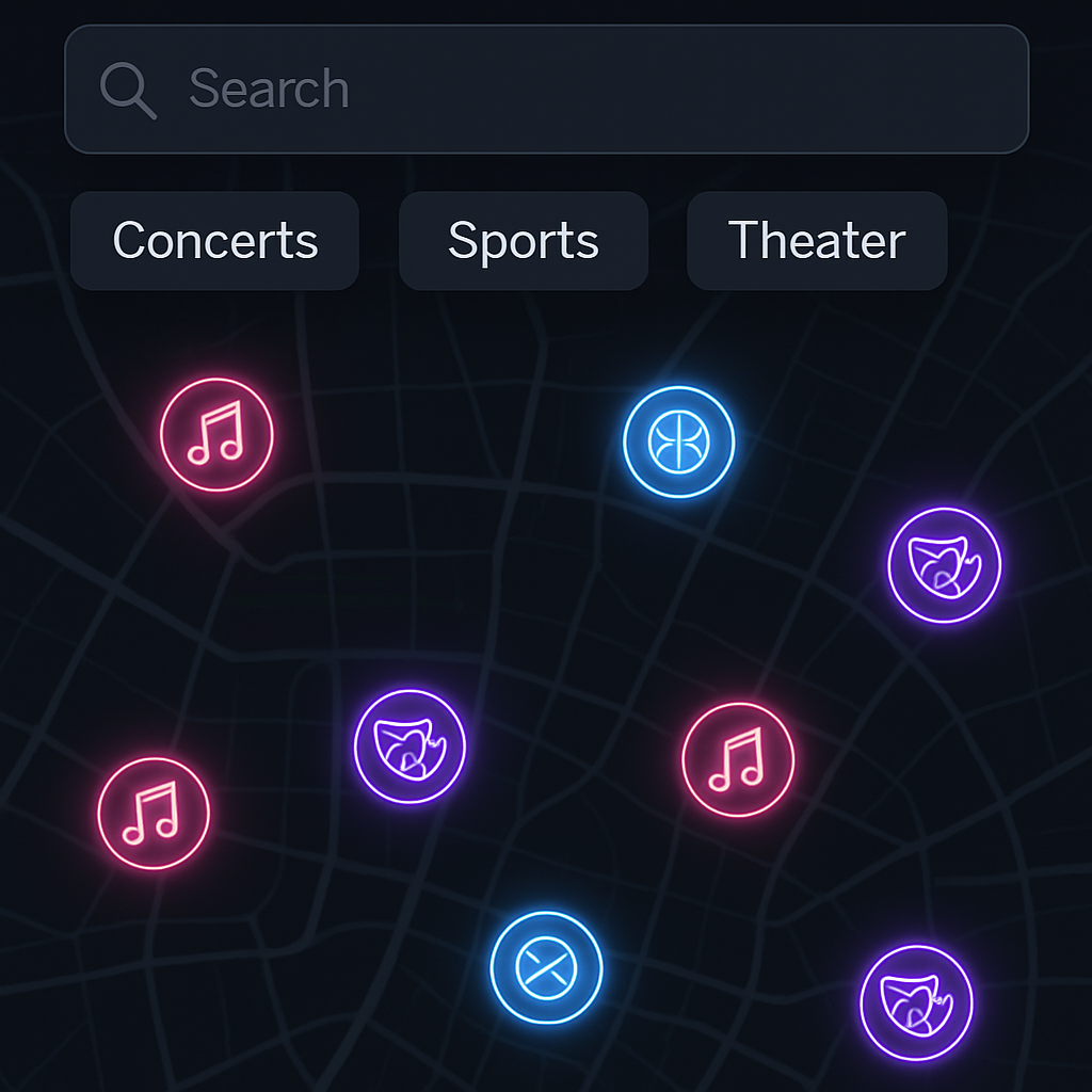 Interactive event map with animated neon markers and filter tags