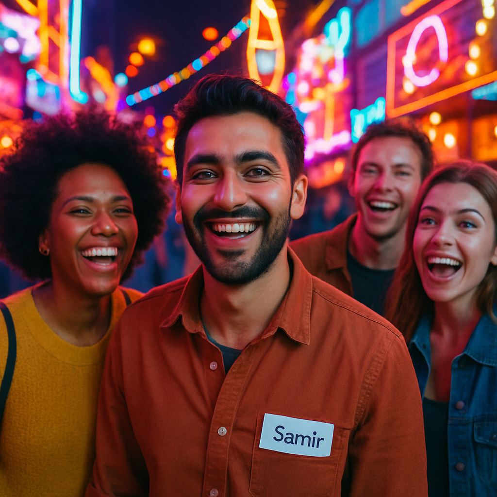 Samir with friends at a festival, neon lights in background