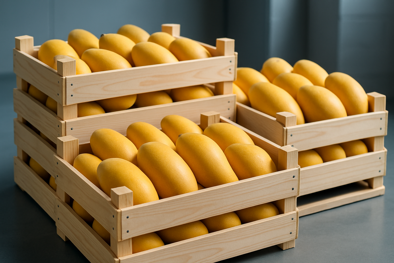 Premium fresh mangoes presented in trade-ready crates