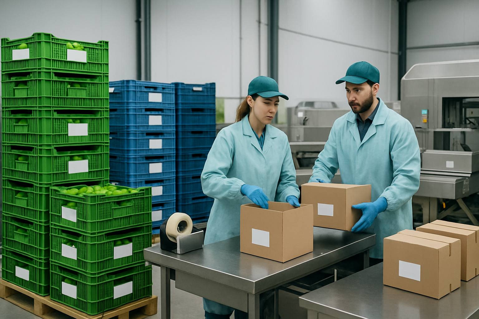 Export packing station with labeled produce crates