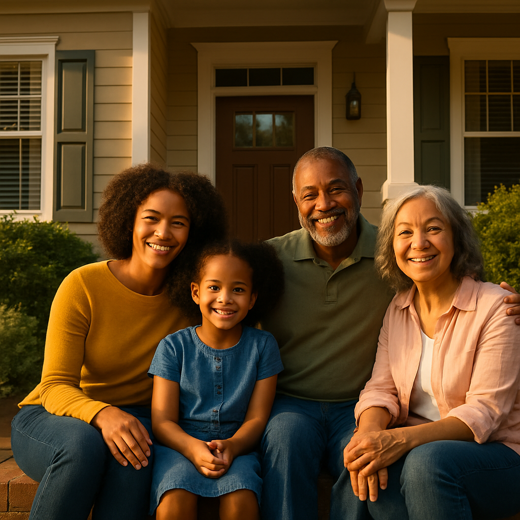 Family smiling together on the porch of a single-family home