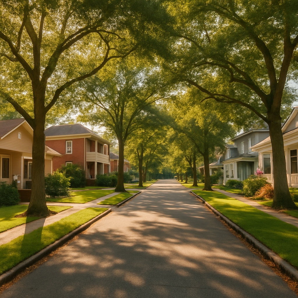 Sunlit neighborhood street with mature trees and homes
