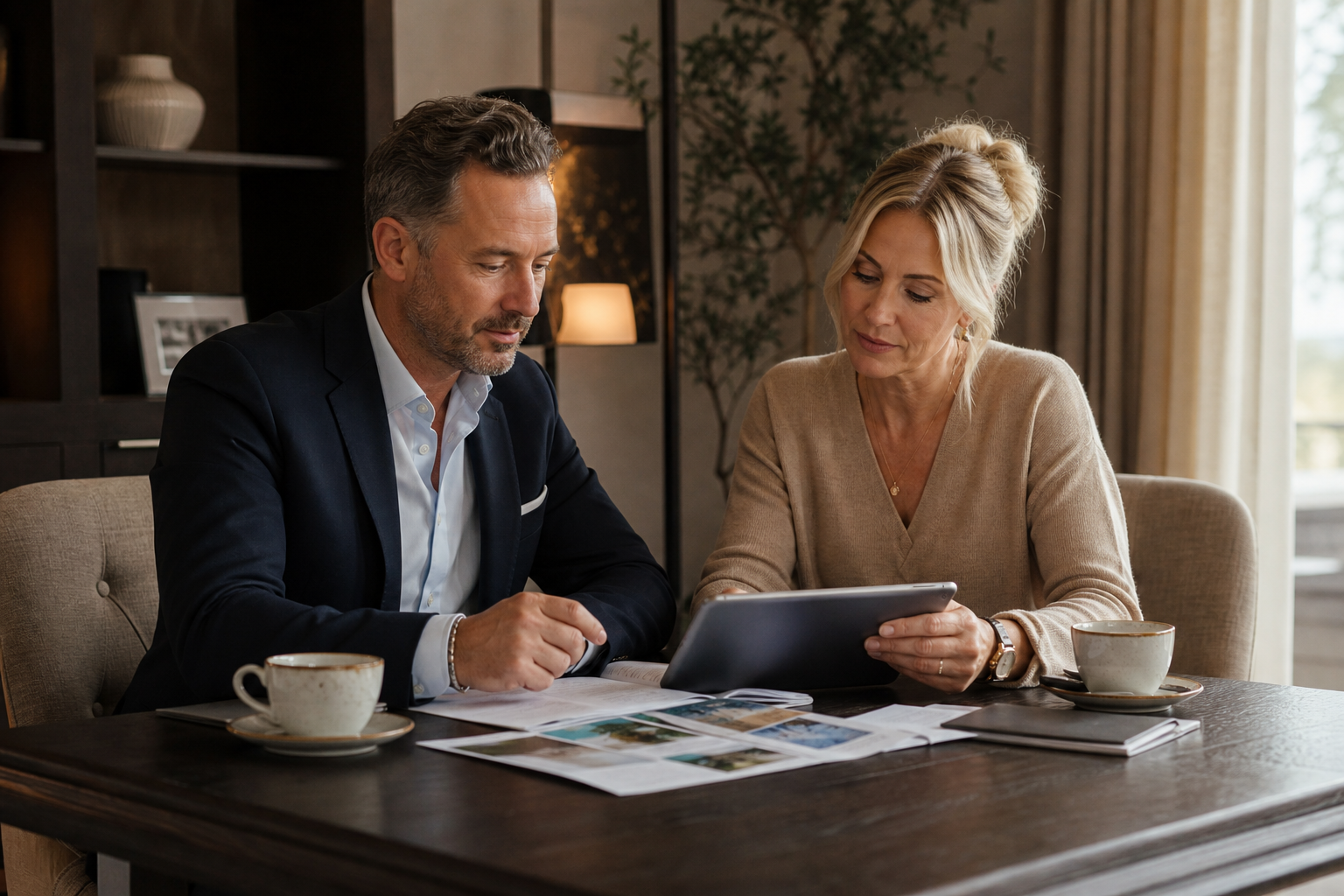 Hart Travel advisers in a calm office reviewing notes together over tea