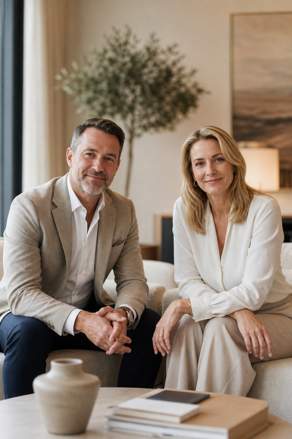 Warm portrait-style scene of two experienced travel and timeshare advisers in a calm office lounge