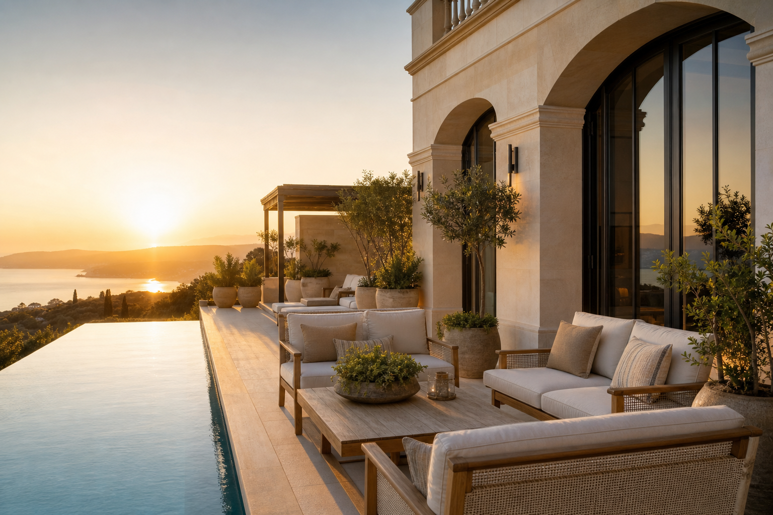 High-end Mediterranean villa terrace with warm sunset light and a private pool