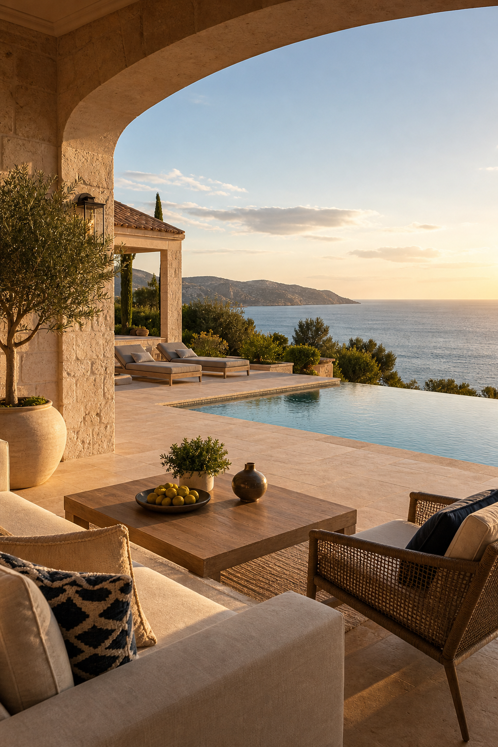 Sunlit Mediterranean villa terrace with infinity pool, pale stone walls, and sea view at golden hour