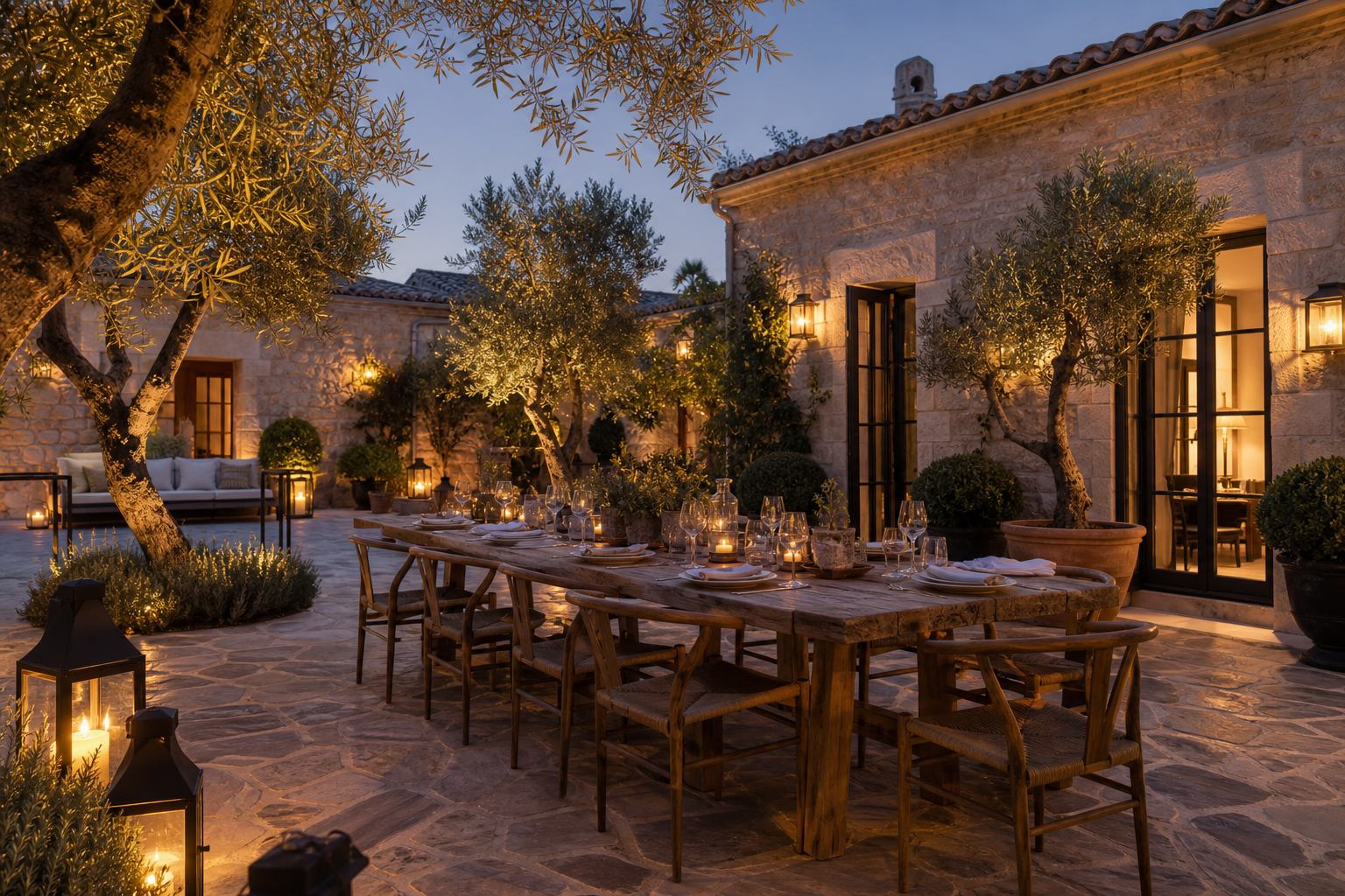 Warm evening courtyard at a boutique villa with olive trees, outdoor dining table, and soft lantern lighting