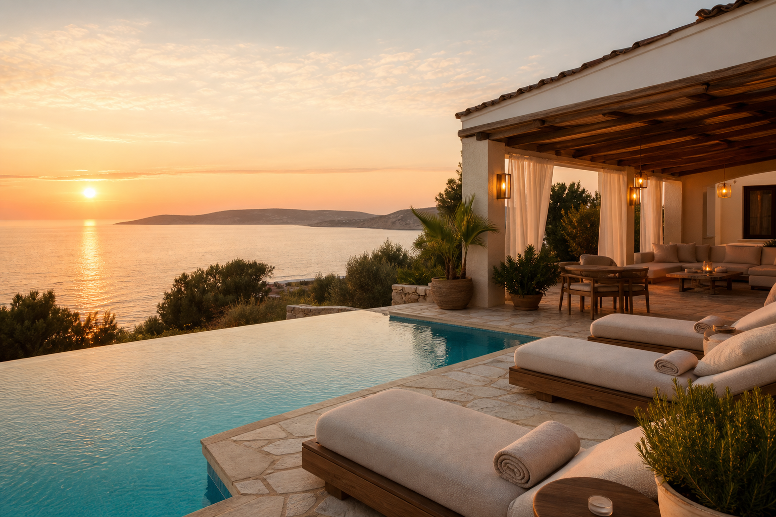 Sunset villa terrace with an infinity pool, linen loungers, and warm ambient lighting overlooking the sea