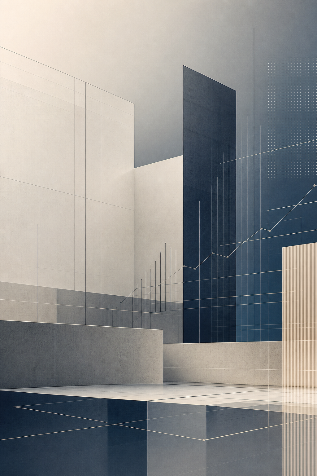 Contained abstract composition of geometric architectural planes and clean linear forms with calm premium tones