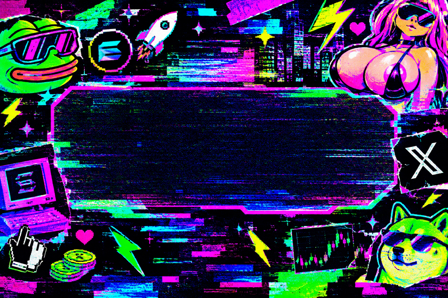 Small horizontal glitch-style meme banner area reserved for future campaign art