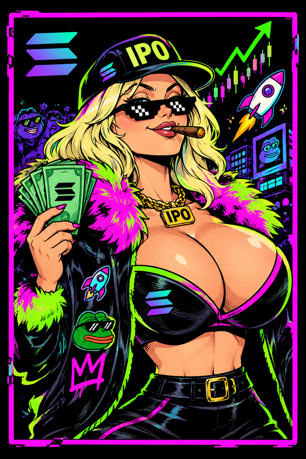 Absurd comic-style meme character in flashy fake-IPO attire, neon accents, and exaggerated confident pose