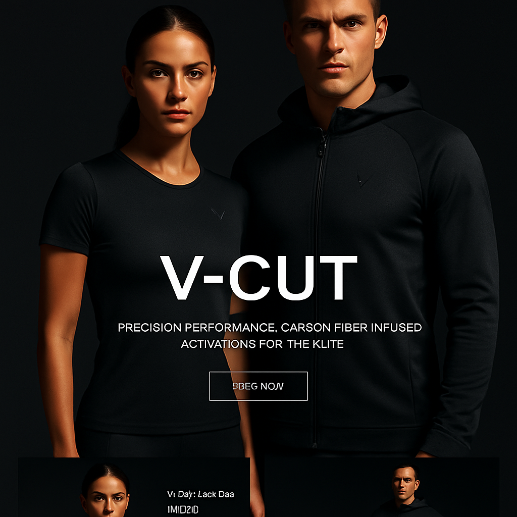 Editorial style athlete in sleek dark carbon-fiber inspired activewear with sharp lighting