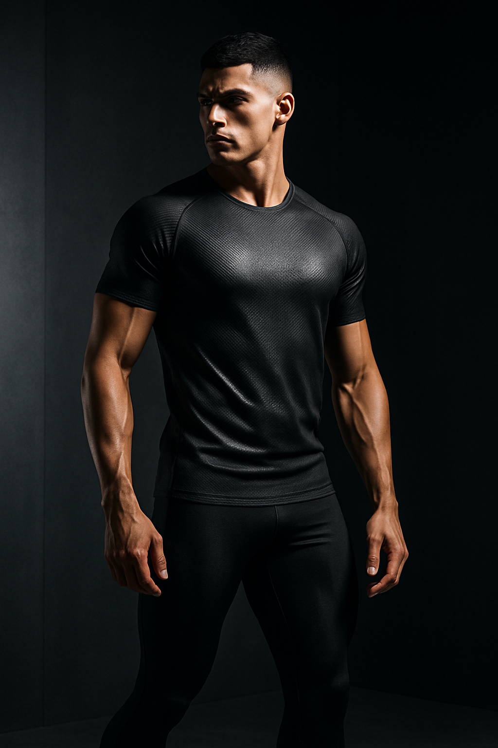 Editorial style athlete in sleek dark carbon-fiber inspired activewear with sharp lighting