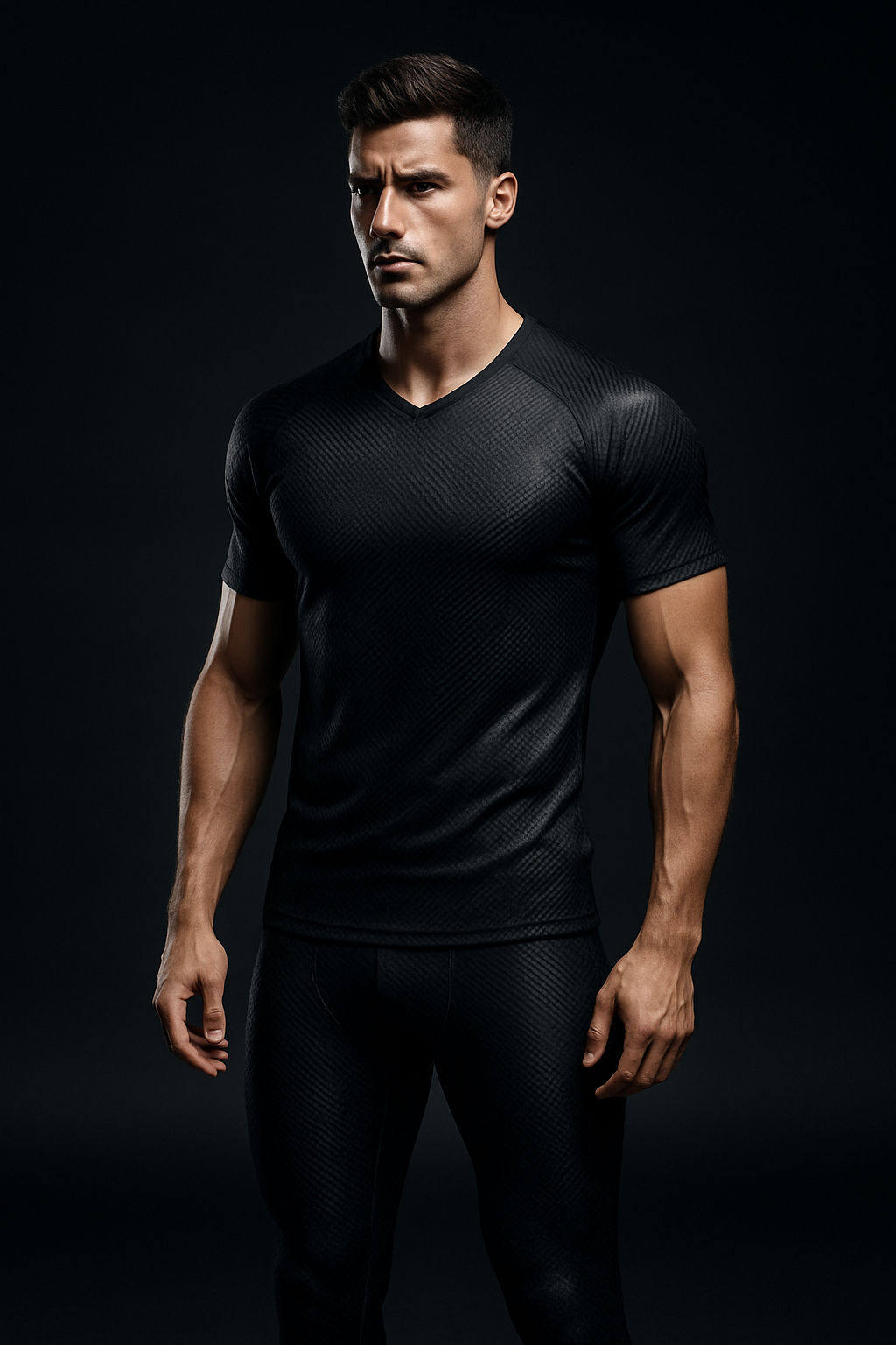 Male athlete in a black carbon-fiber textured activewear set, standing in a dark futuristic studio with sharp rim lighting