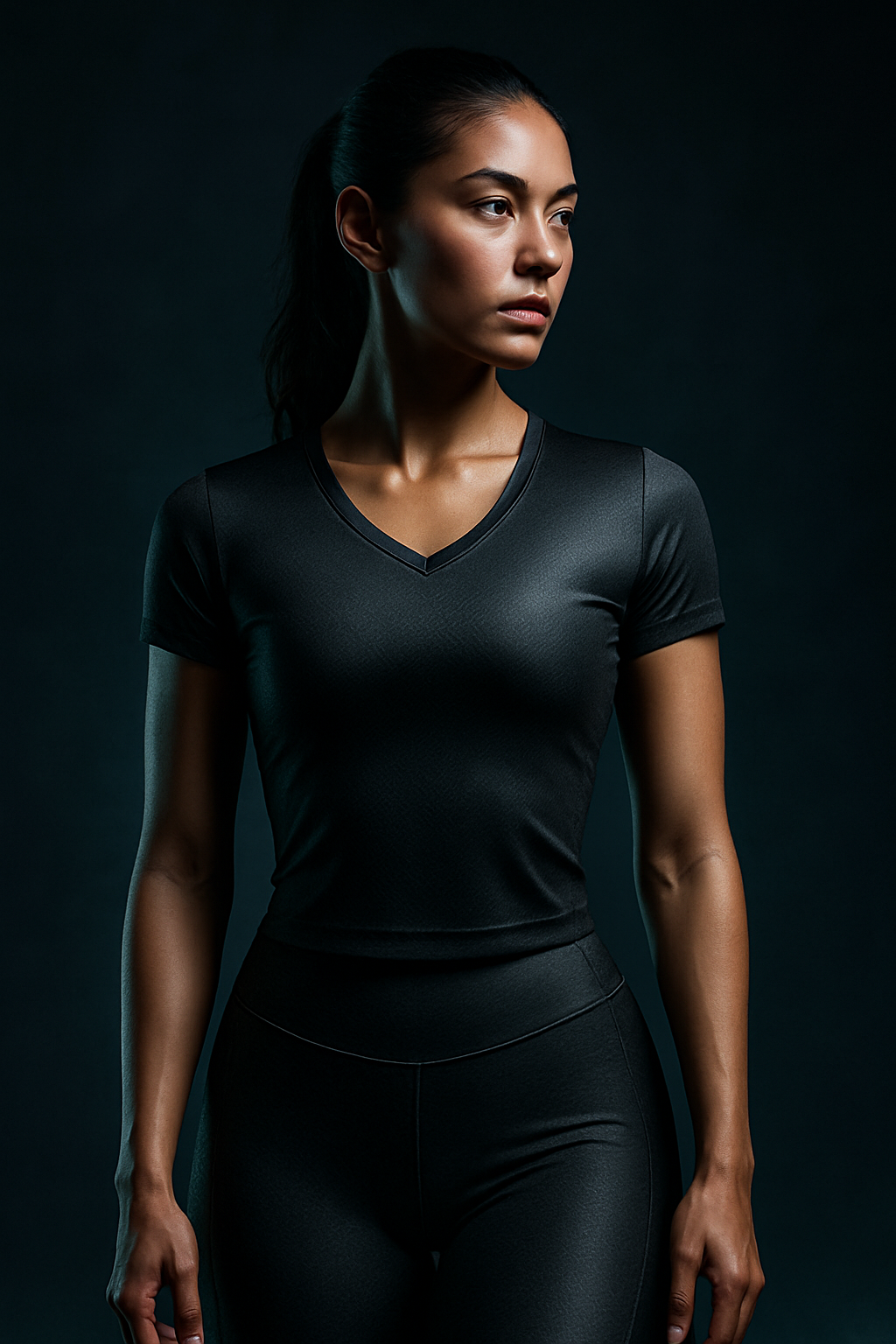 Female athlete in sleek charcoal performance wear, posed against a moody high-contrast backdrop with subtle neon glow