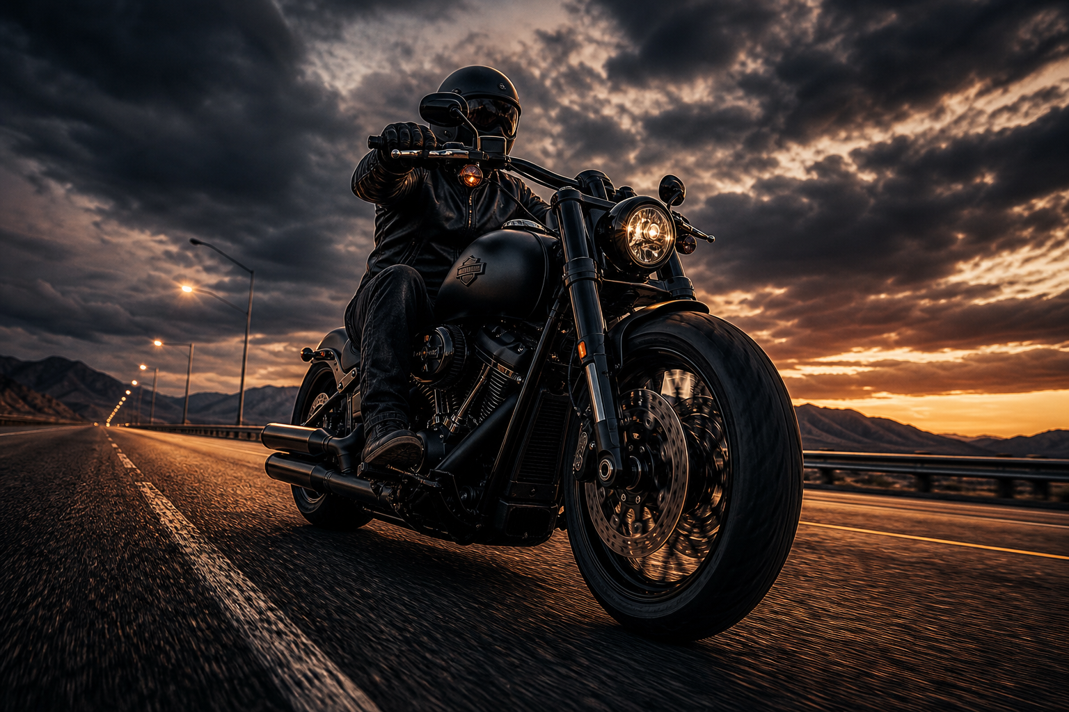 Low-angle wide shot of a customized Harley cruising on an open highway at dusk with warm road lights