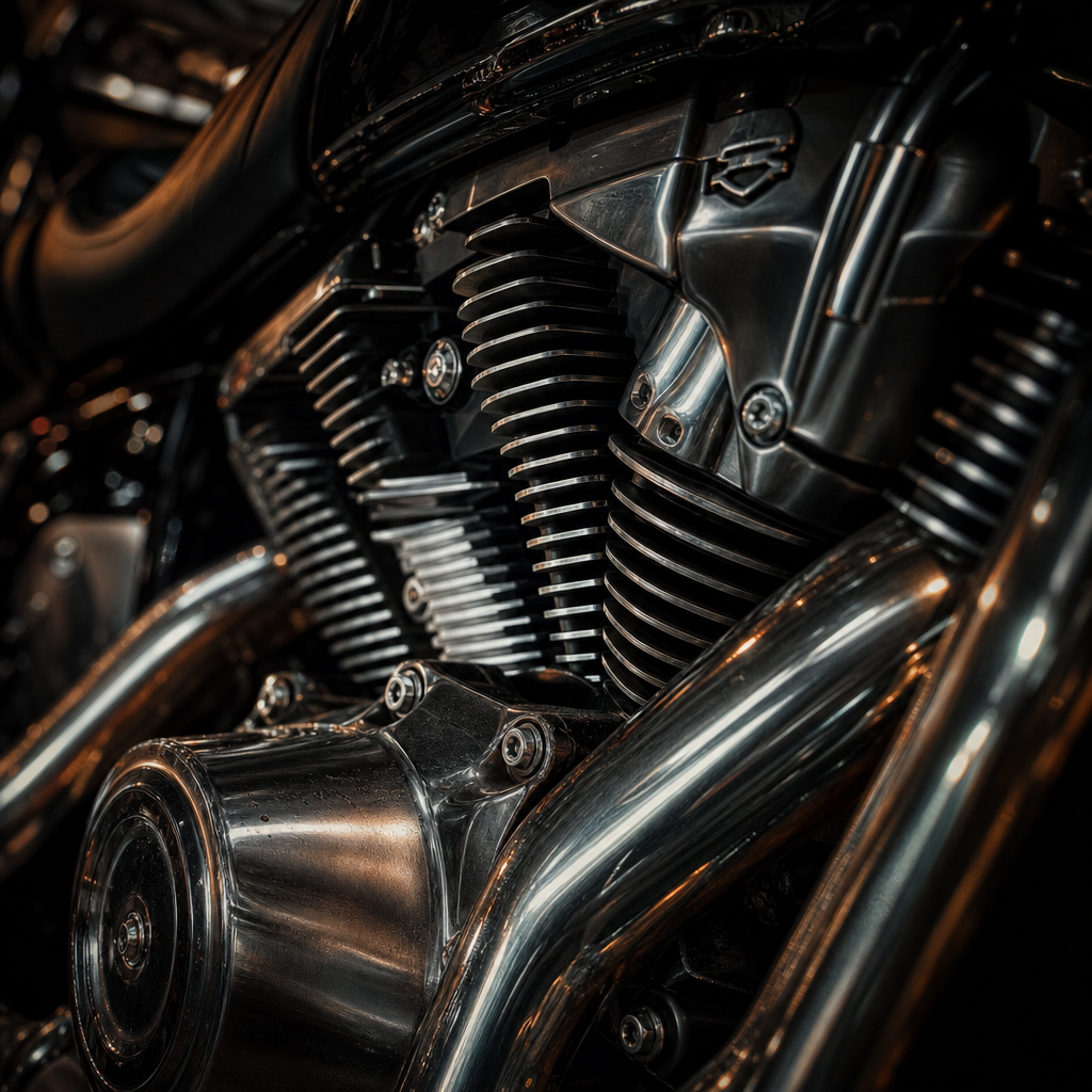 Tight close-up of polished Harley engine fins with brushed metal textures and reflected workshop light