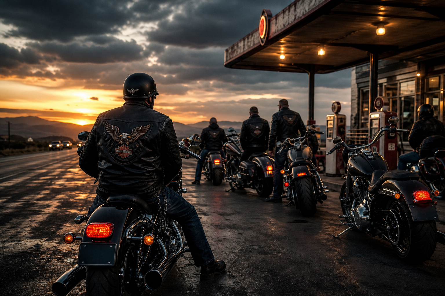 Group of Harley-style riders stopped at a roadside fuel station at dusk with glowing tail lights and a dramatic open highway atmosphere