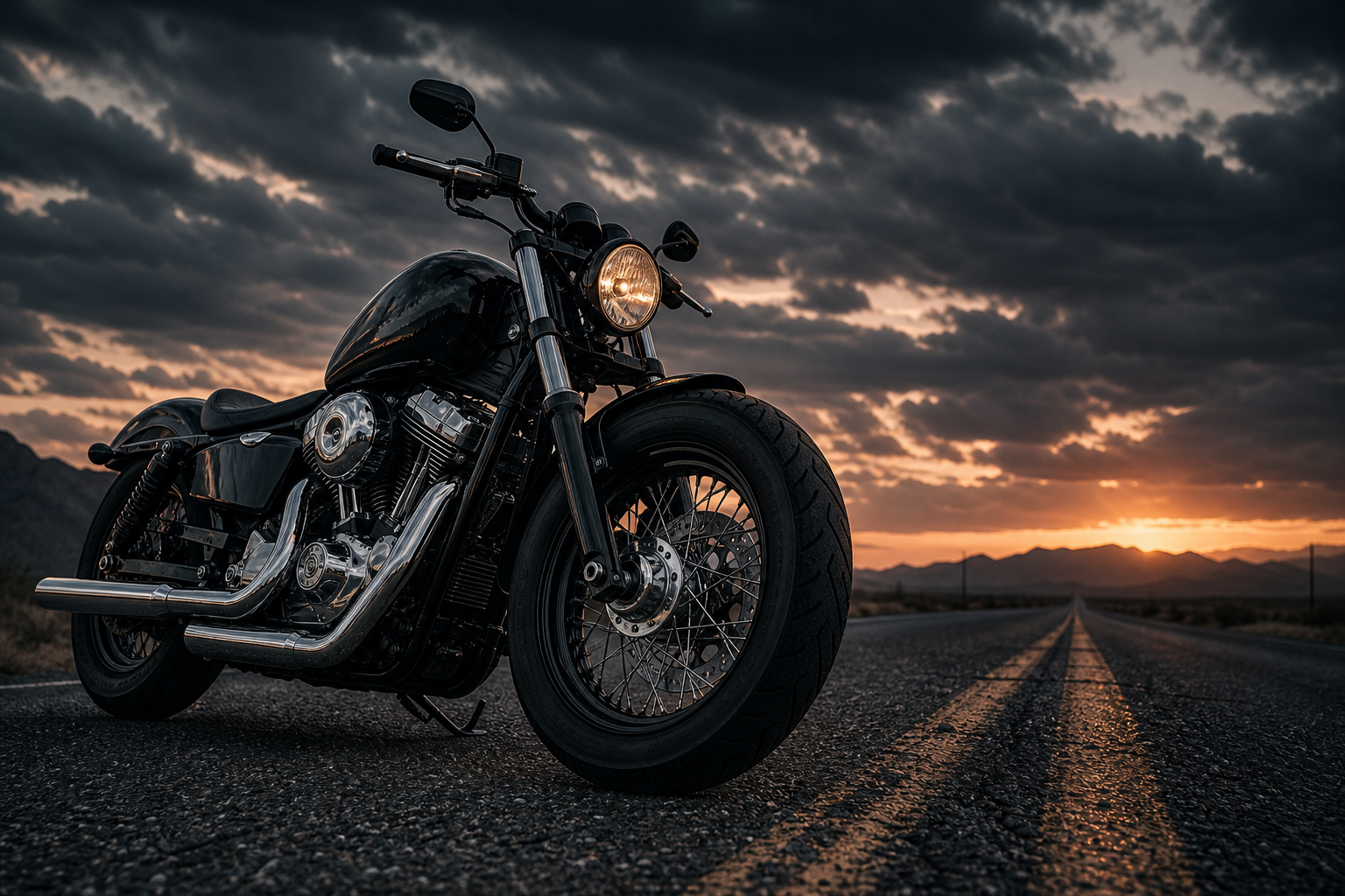 Low-angle cinematic view of a black custom motorcycle with chrome engine details parked on an empty highway at dusk