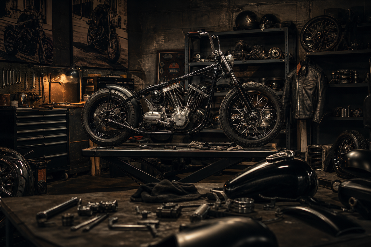 Workshop interior with a partially stripped Harley custom build on a lift surrounded by tools
