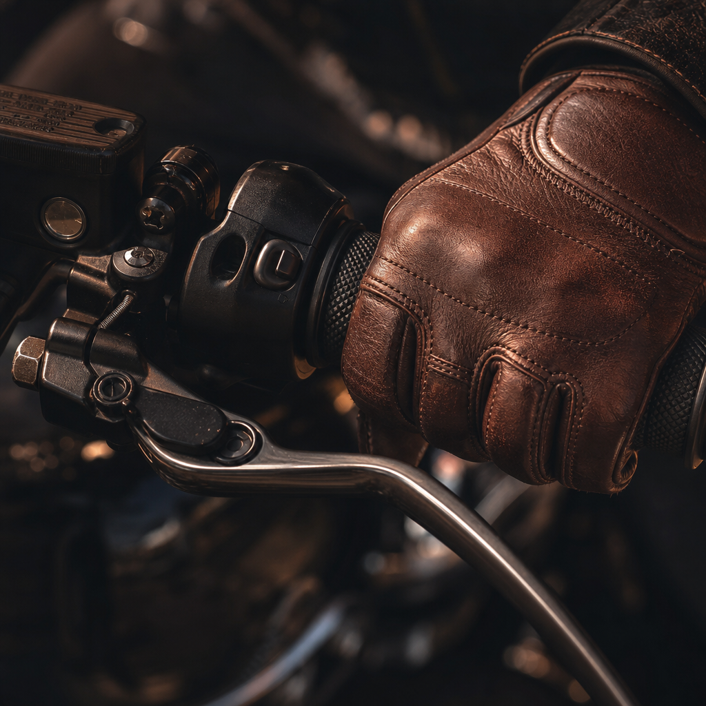 Close crop of a brown leather-gloved hand gripping a Harley throttle with visible stitching and metal controls