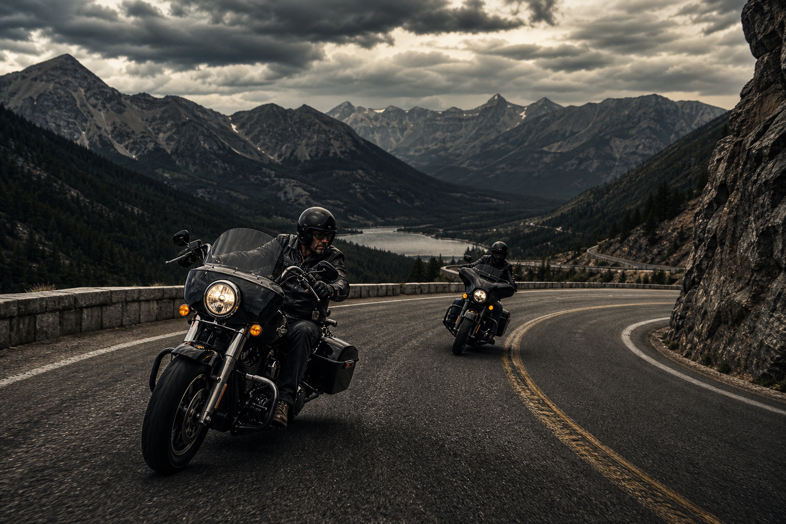 Wide mountain switchback with two Harley bikes leaning through a curve under moody overcast skies