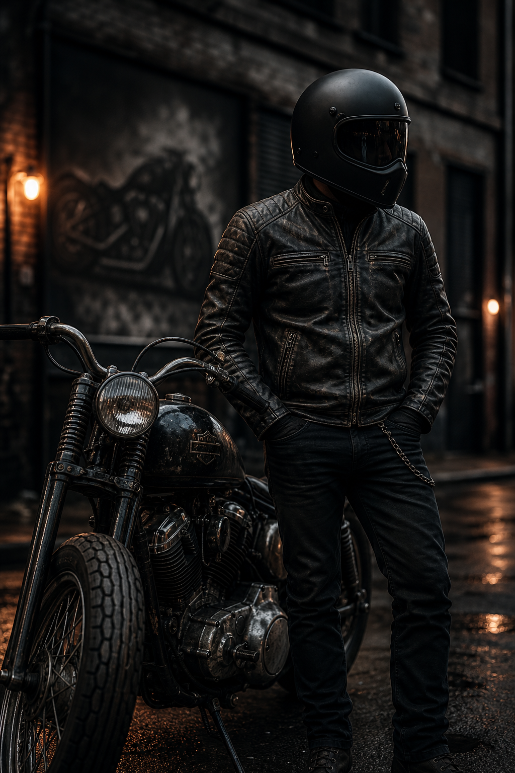 Vertical portrait of a rider in a matte black helmet and leather jacket standing beside a classic Harley
