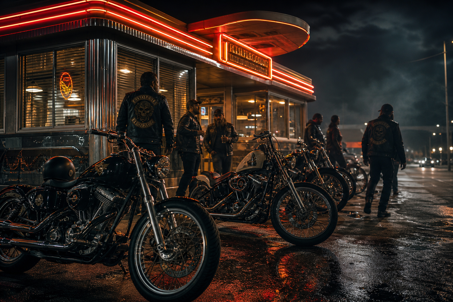 Twilight roadside diner scene with parked motorcycles and riders gathering under neon signage