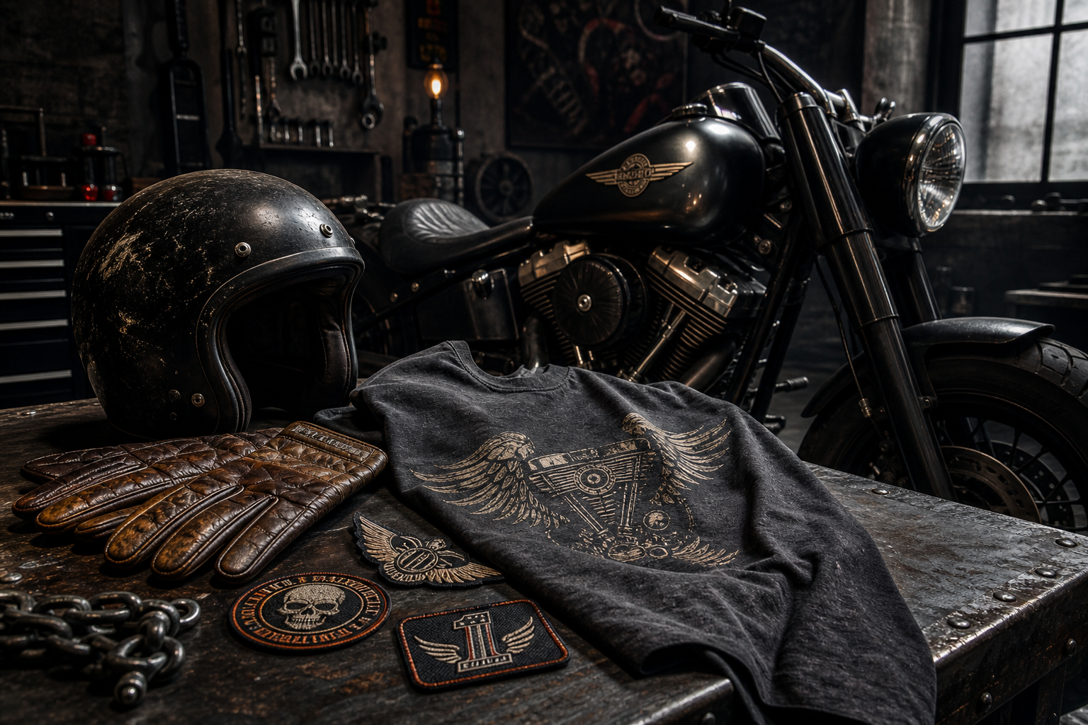 Motorcycle merchandise setup with leather gloves, vintage rider shirt, embroidered patches, and a rugged helmet beside a custom bike in a moody garage