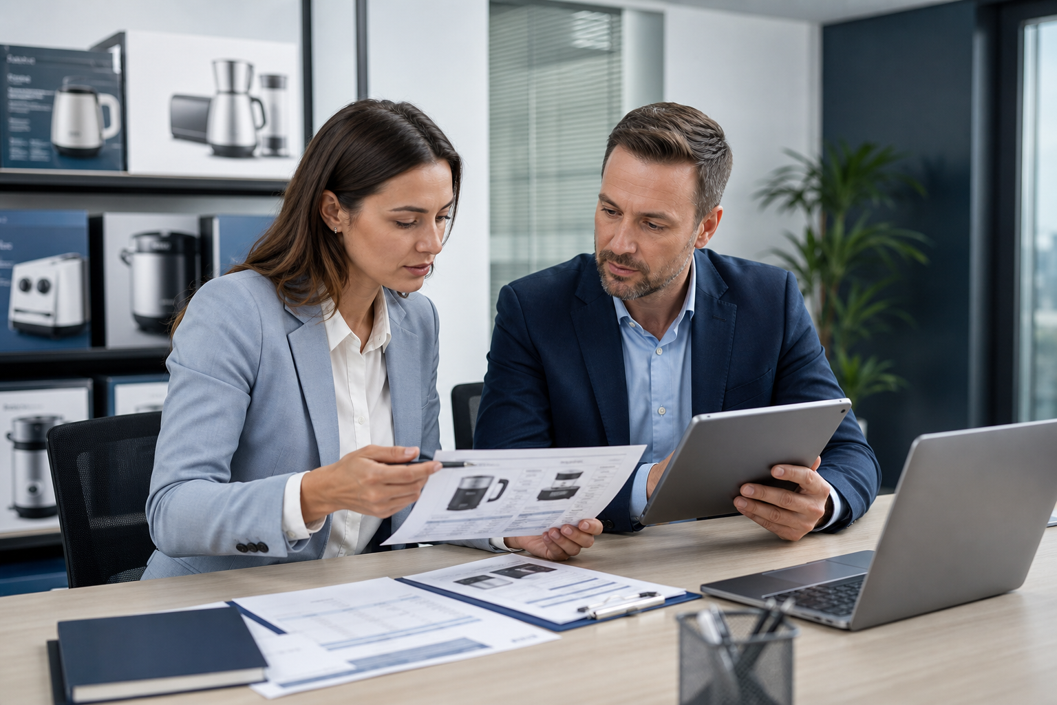 Procurement and supplier team reviewing appliance product plans at a modern office table