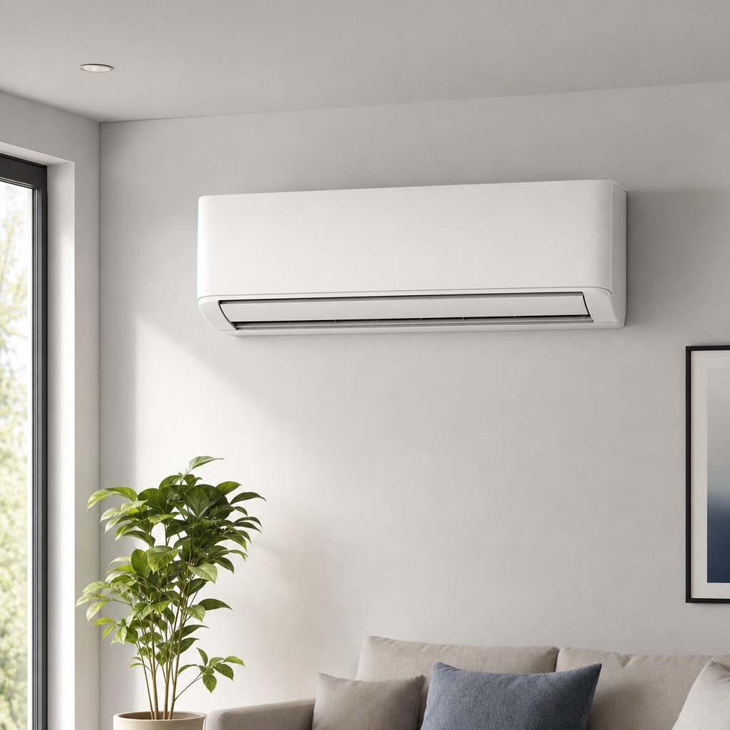 Modern white central air conditioning indoor unit mounted on wall with neutral interior background