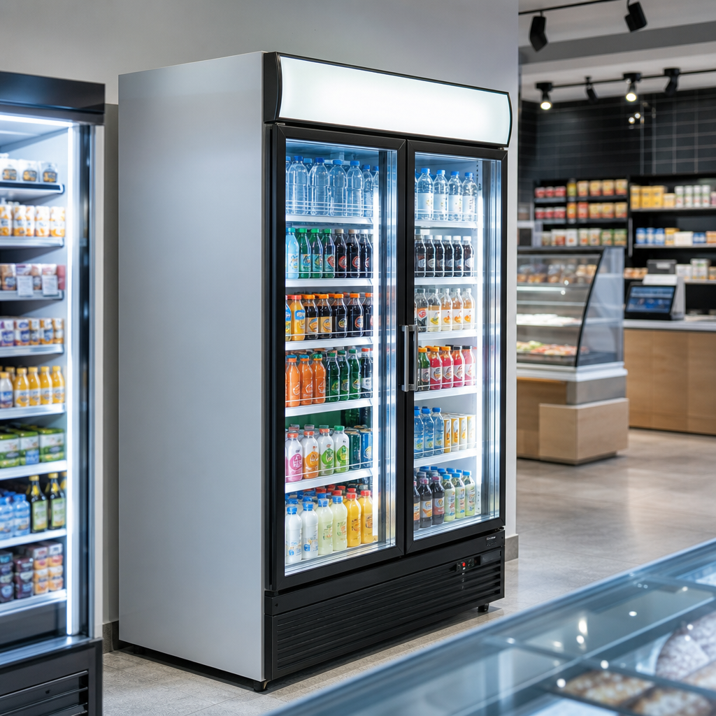 Tall glass-door commercial display refrigerator with internal lighting