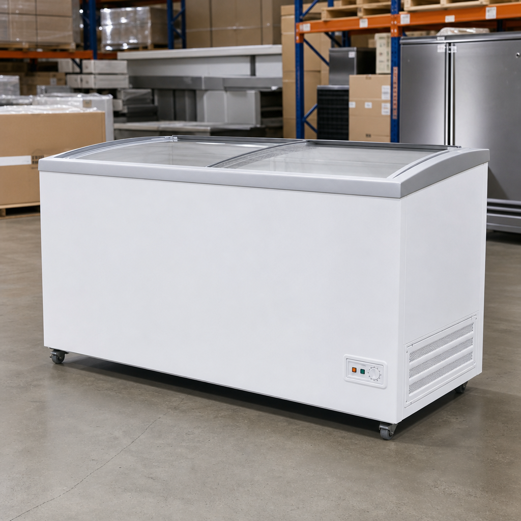 Large white commercial chest freezer with sliding top lids