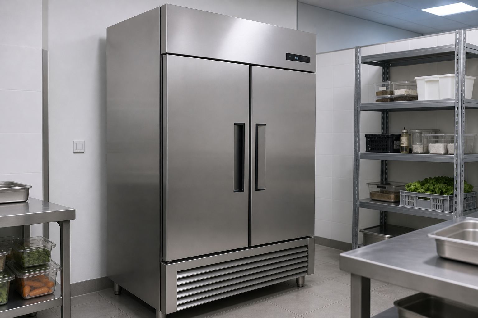 Stainless steel commercial freezer in a professional kitchen storage area